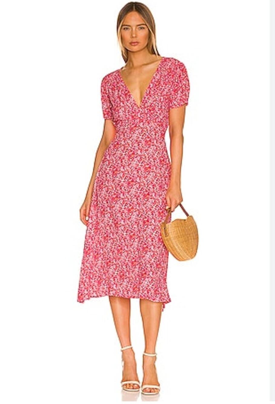 Faithful the Brand Raphaela Midi Dress Pink Red Sz L Casual Floral Garden Girly